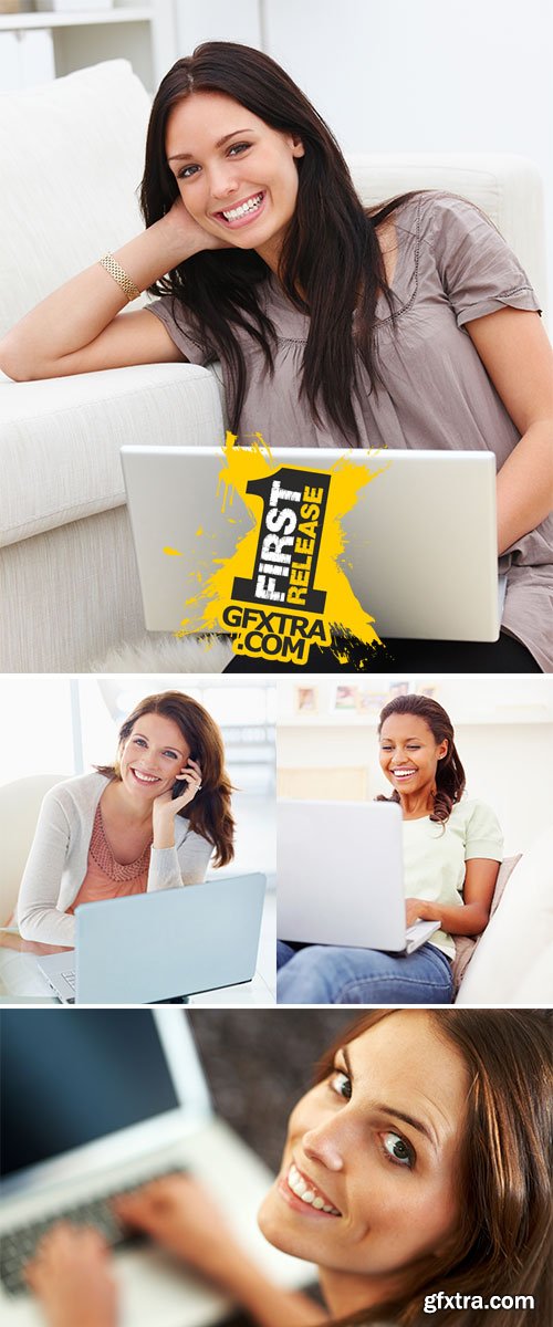 Stock Photo: Closeup portrait of happy young woman relaxing with a laptop