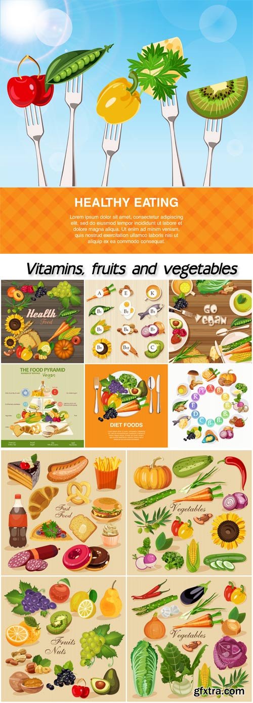 Vitamins, fruits and vegetables vector, food