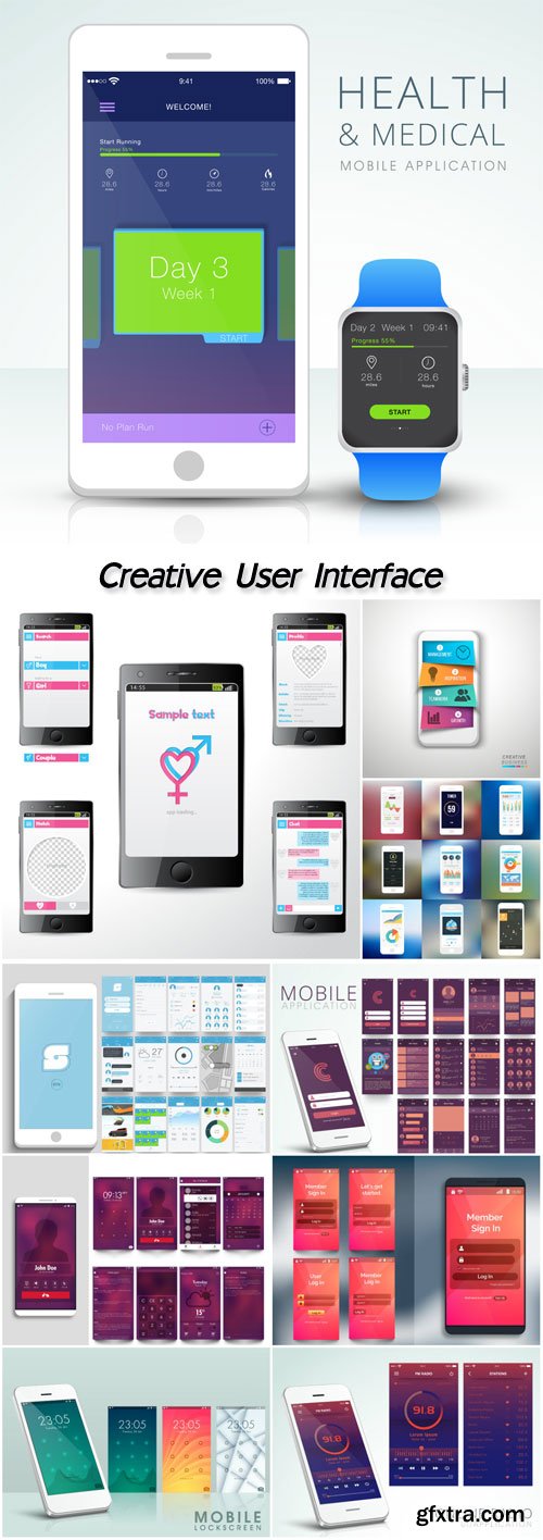 Creative user interface kit with different mobile application screens presentation