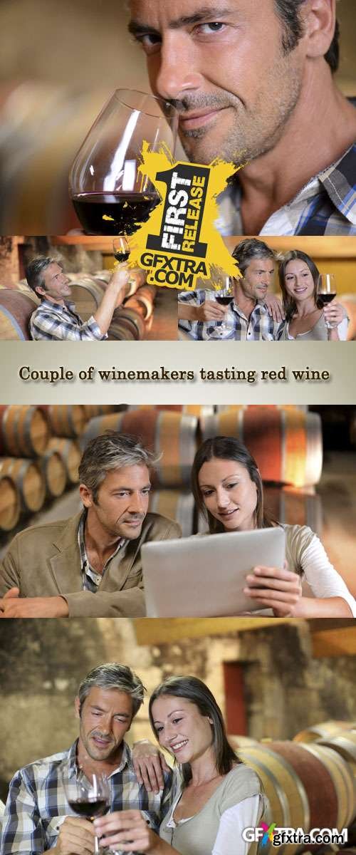 Stock Photo: Couple of winemakers tasting red wine