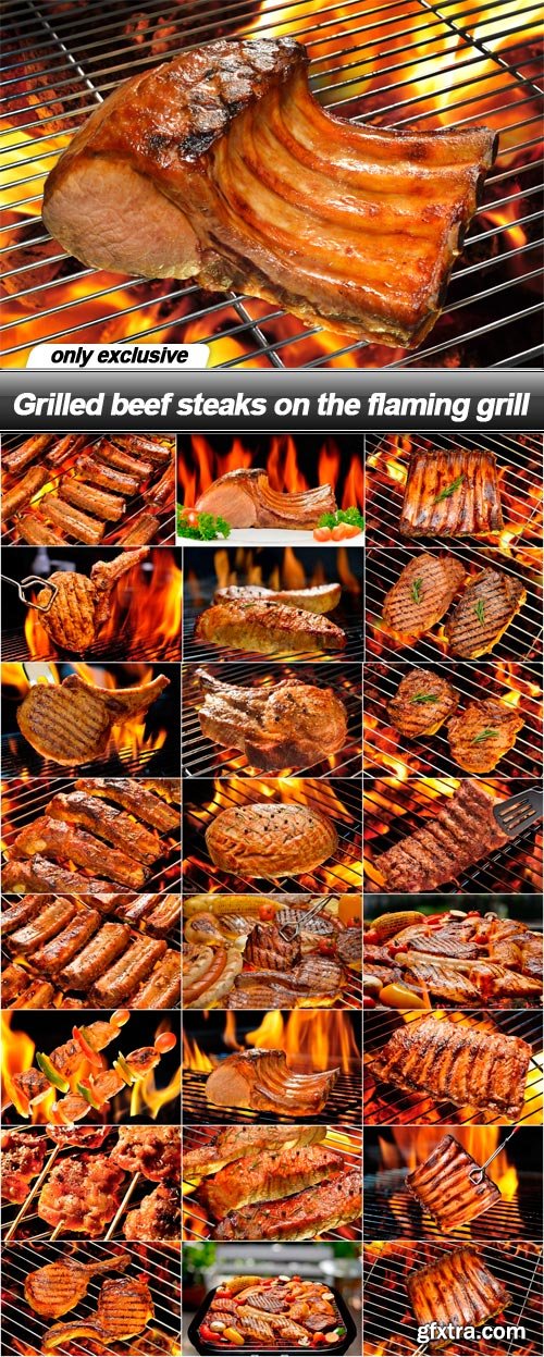 Grilled beef steaks on the flaming grill - 25 UHQ JPEG