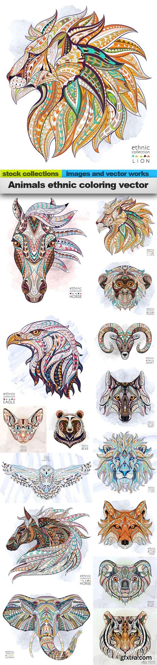 Animals ethnic coloring vector, 15 x EPS