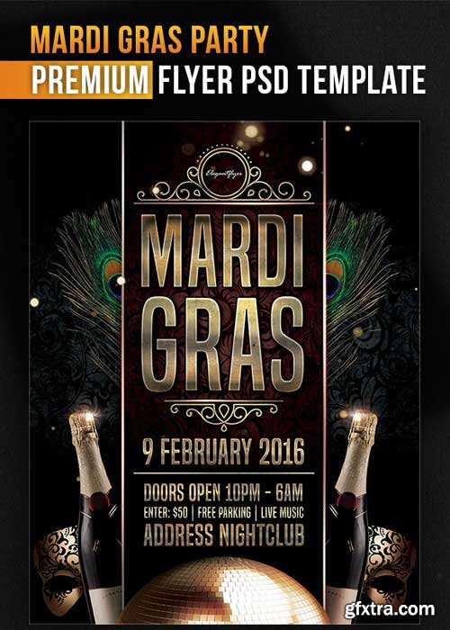 Mardi Gras Party Flyer PSD Template + Facebook Cover