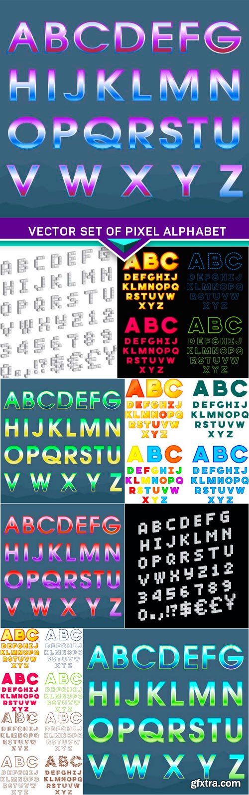 Vector set of pixel alphabet isolated on colorful background 10x EPS