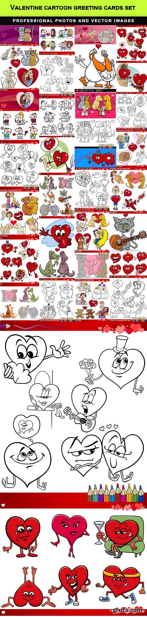 Valentine cartoon greeting cards set