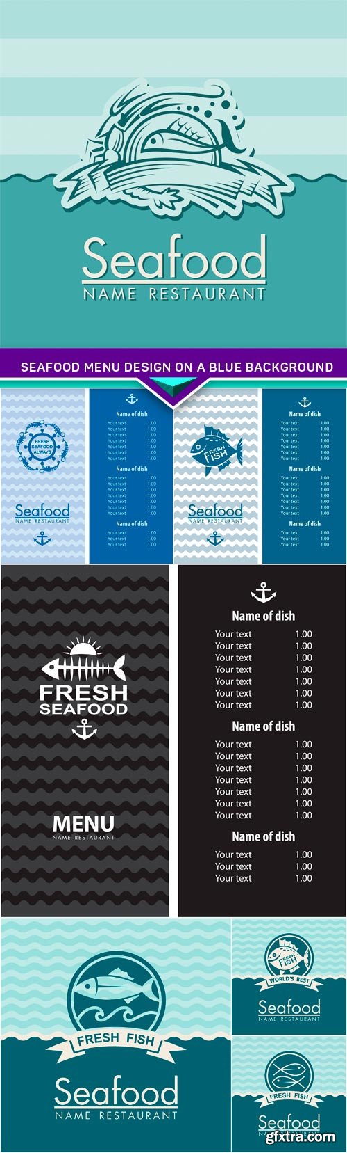 Seafood menu design on a blue background 7x EPS