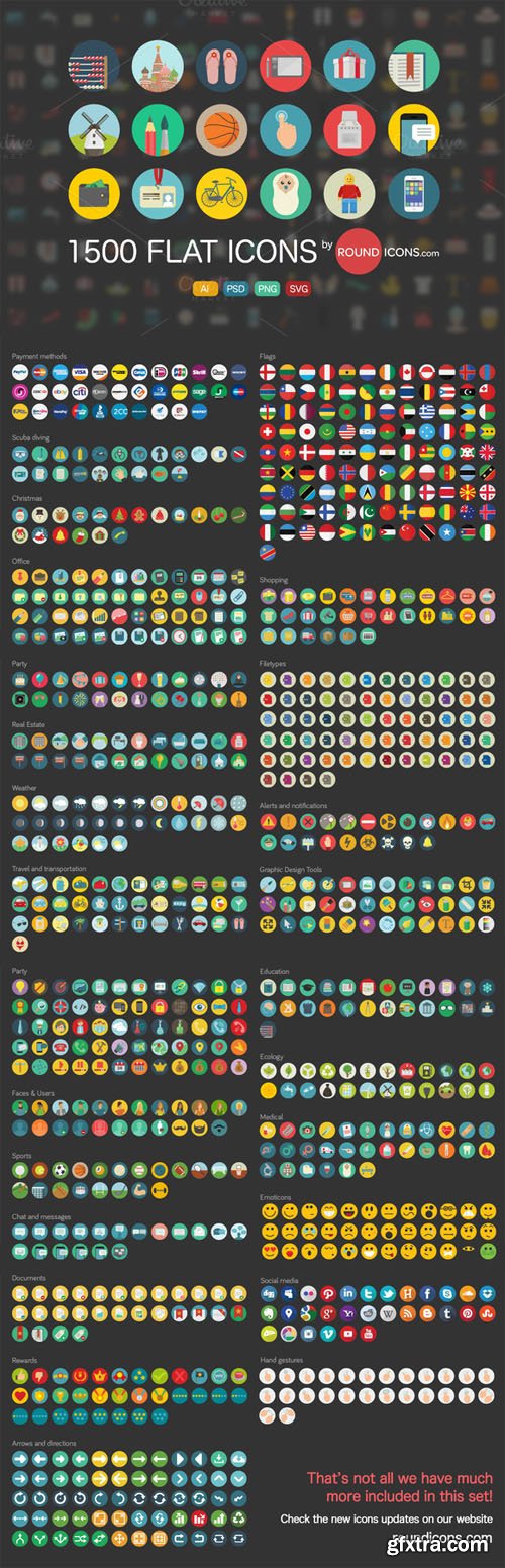 1500 Flat Icons Ai, PSD, SVG, PNG - CM 18882