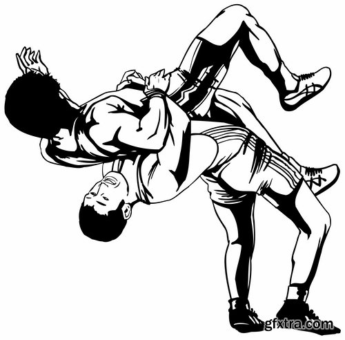 Collection of vector image different techniques of Judo Freestyle wrestling 25 EPS