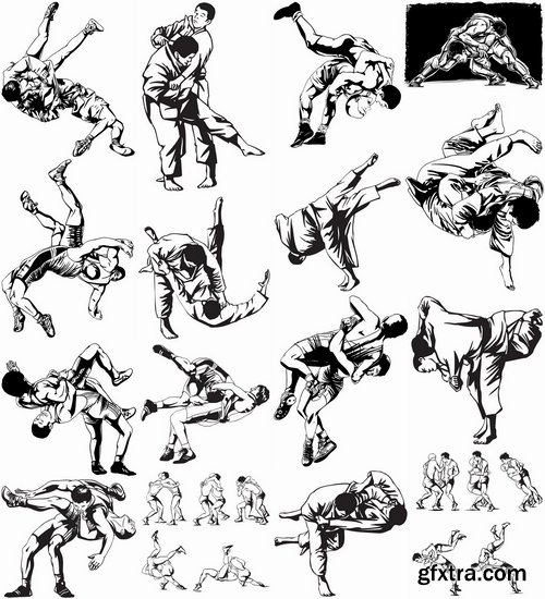 Collection of vector image different techniques of Judo Freestyle wrestling 25 EPS