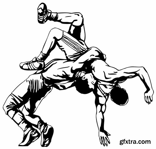 Collection of vector image different techniques of Judo Freestyle wrestling 25 EPS