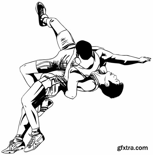 Collection of vector image different techniques of Judo Freestyle wrestling 25 EPS