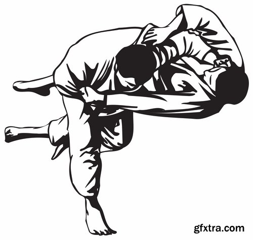 Collection of vector image different techniques of Judo Freestyle wrestling 25 EPS