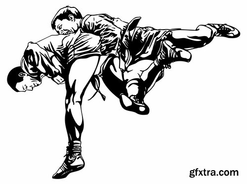 Collection of vector image different techniques of Judo Freestyle wrestling 25 EPS