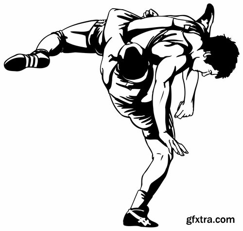 Collection of vector image different techniques of Judo Freestyle wrestling 25 EPS