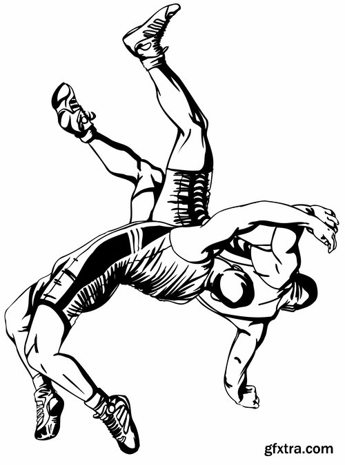 Collection of vector image different techniques of Judo Freestyle wrestling 25 EPS