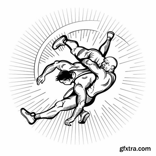 Collection of vector image different techniques of Judo Freestyle wrestling 25 EPS