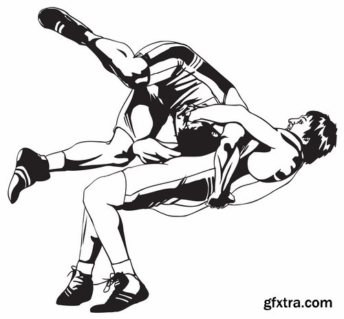 Collection of vector image different techniques of Judo Freestyle wrestling 25 EPS