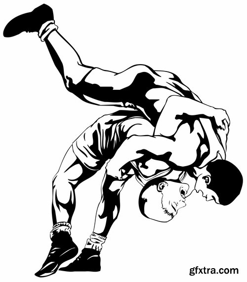 Collection of vector image different techniques of Judo Freestyle wrestling 25 EPS