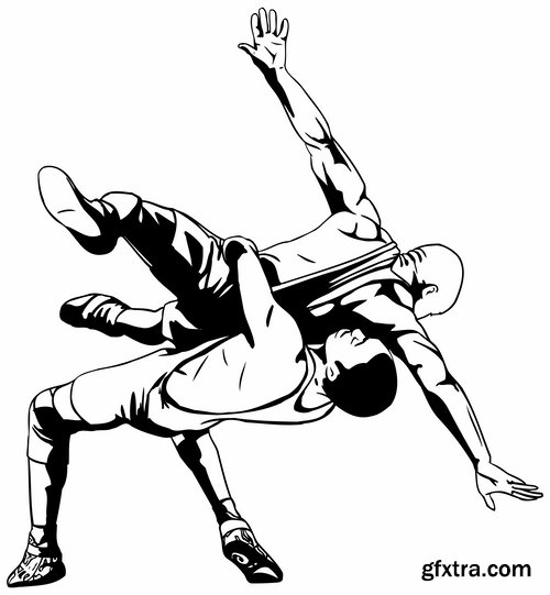 Collection of vector image different techniques of Judo Freestyle wrestling 25 EPS