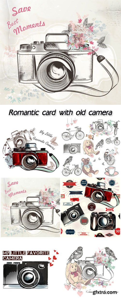 Beautiful romantic card with old camera, flowers  in vintage style