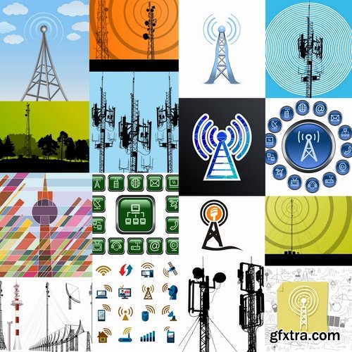 Collection of vector picture icon television tower repeater satellite dish 25 EPS