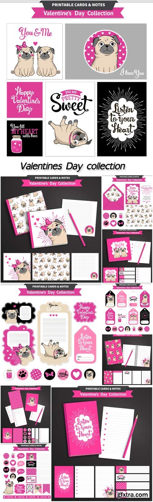 Valentines Day Printable Set with Funny Pugs 10xEPS