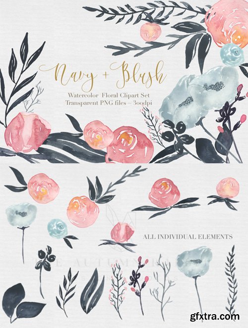 Navy + Blush Watercolor Clipart Set - CM 425460