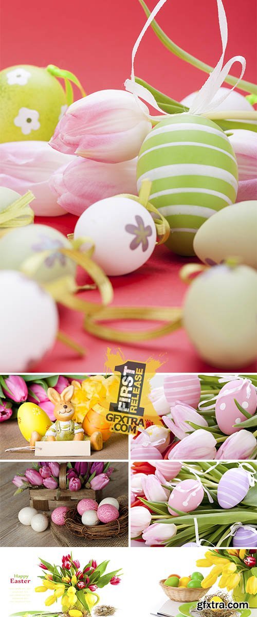 Stock Photo: Easter eggs and spring tulips