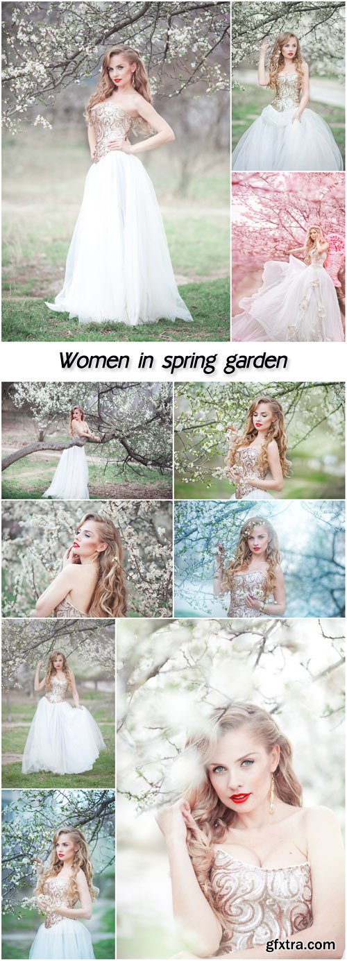 Women in spring flowering garden