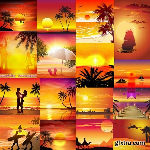 Collection of vector image background is tree sunset sunrise sun sea beach 25 EPS