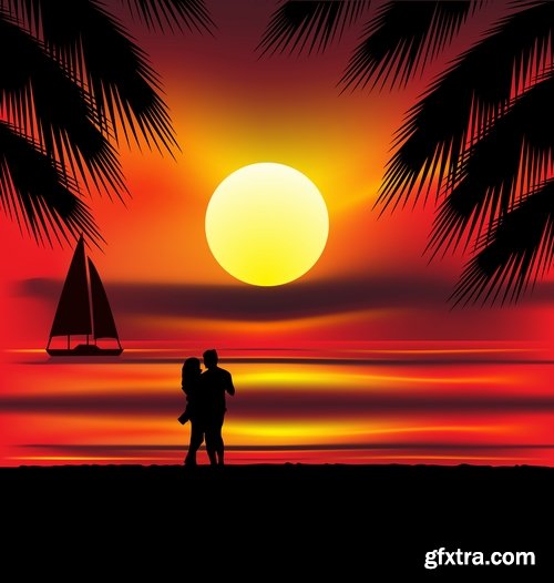 Collection of vector image background is tree sunset sunrise sun sea beach 25 EPS