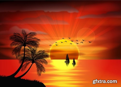 Collection of vector image background is tree sunset sunrise sun sea beach 25 EPS