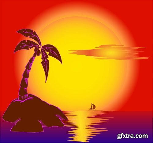 Collection of vector image background is tree sunset sunrise sun sea beach 25 EPS