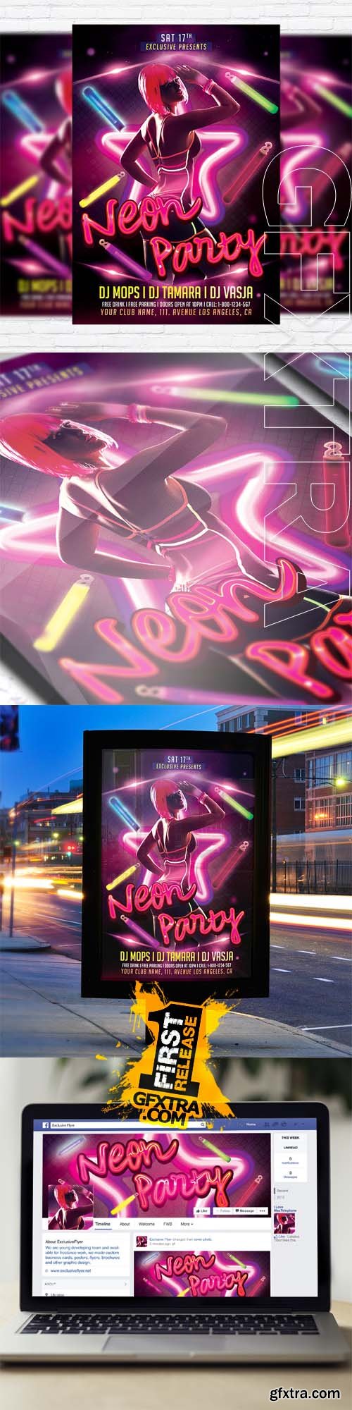 Neon Party – Flyer Template + Facebook Cover