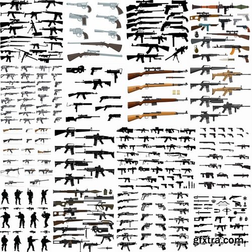 Collection picture vector icon silhouette different weapons 25 EPS