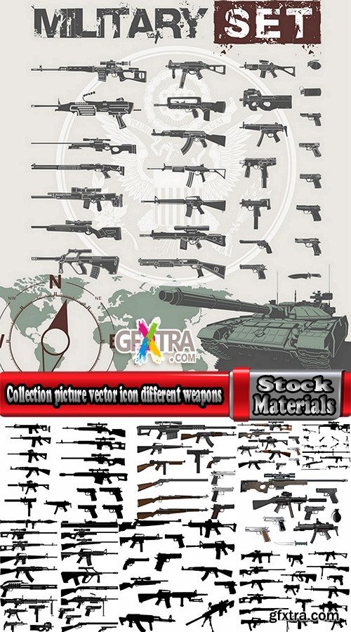 Collection picture vector icon silhouette different weapons 25 EPS