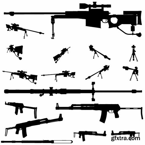 Collection picture vector icon silhouette different weapons 25 EPS