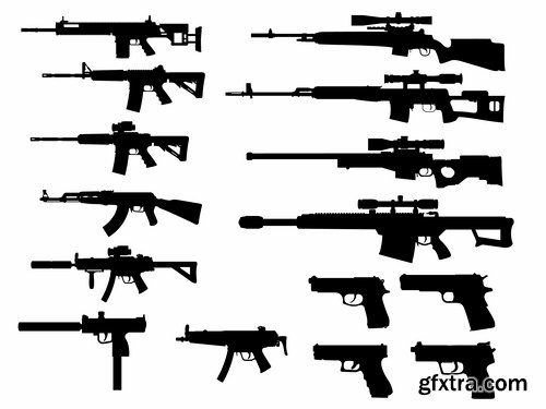 Collection picture vector icon silhouette different weapons 25 EPS