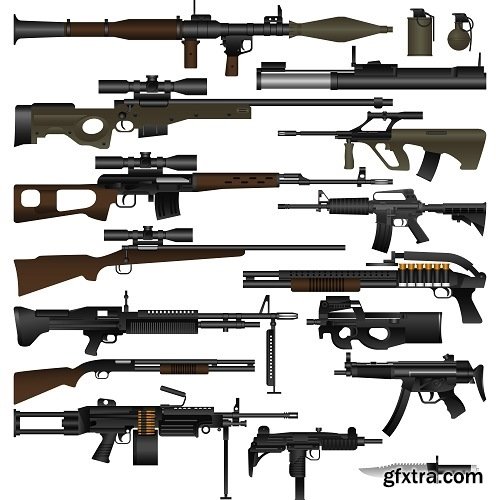 Collection picture vector icon silhouette different weapons 25 EPS