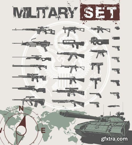 Collection picture vector icon silhouette different weapons 25 EPS