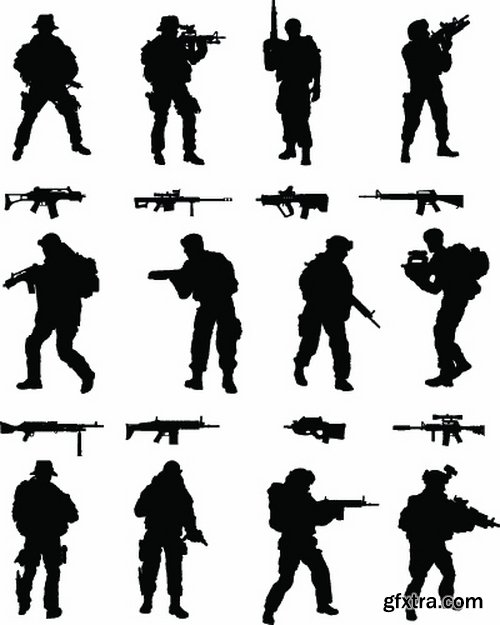 Collection picture vector icon silhouette different weapons 25 EPS