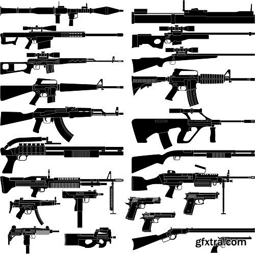 Collection picture vector icon silhouette different weapons 25 EPS