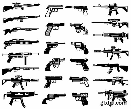 Collection picture vector icon silhouette different weapons 25 EPS