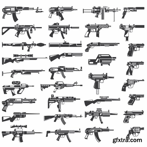 Collection picture vector icon silhouette different weapons 25 EPS