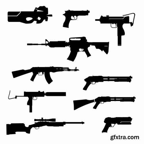 Collection picture vector icon silhouette different weapons 25 EPS