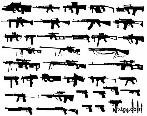 Collection picture vector icon silhouette different weapons 25 EPS