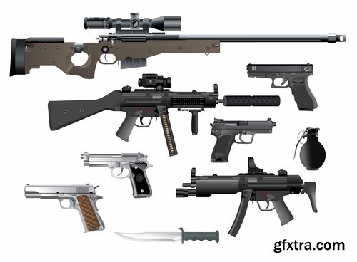 Collection picture vector icon silhouette different weapons 25 EPS