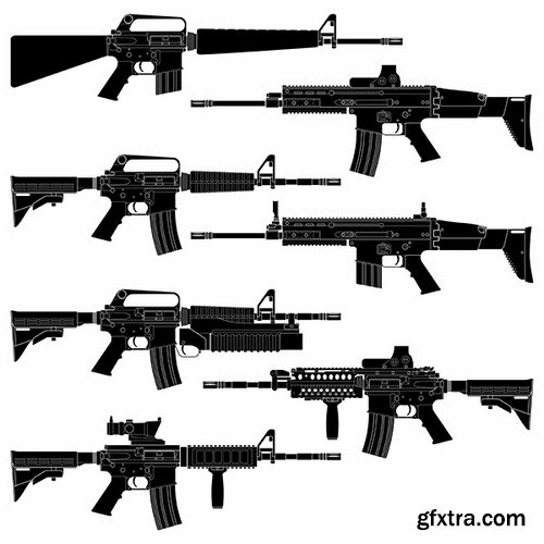 Collection picture vector icon silhouette different weapons 25 EPS