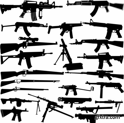 Collection picture vector icon silhouette different weapons 25 EPS