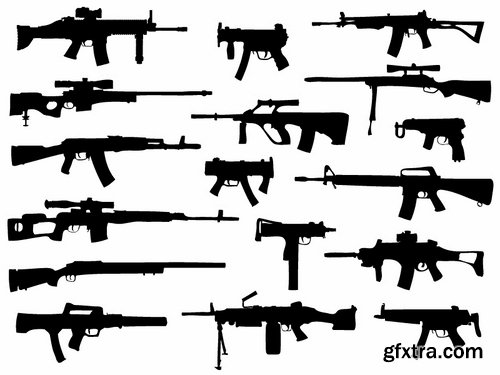 Collection picture vector icon silhouette different weapons 25 EPS